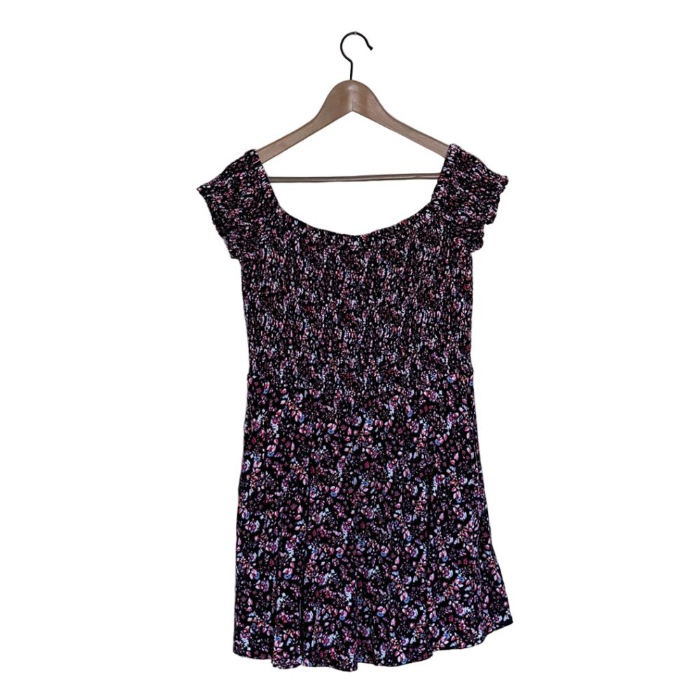 Express Black Floral Smocked Top Mini Dress, Size Large - Picture 2 of 8